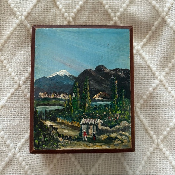Hand Painted Impressionist Mountain Snowy Wood Trinket Vintage Stamp‎ Box 1980s - Picture 1 of 5